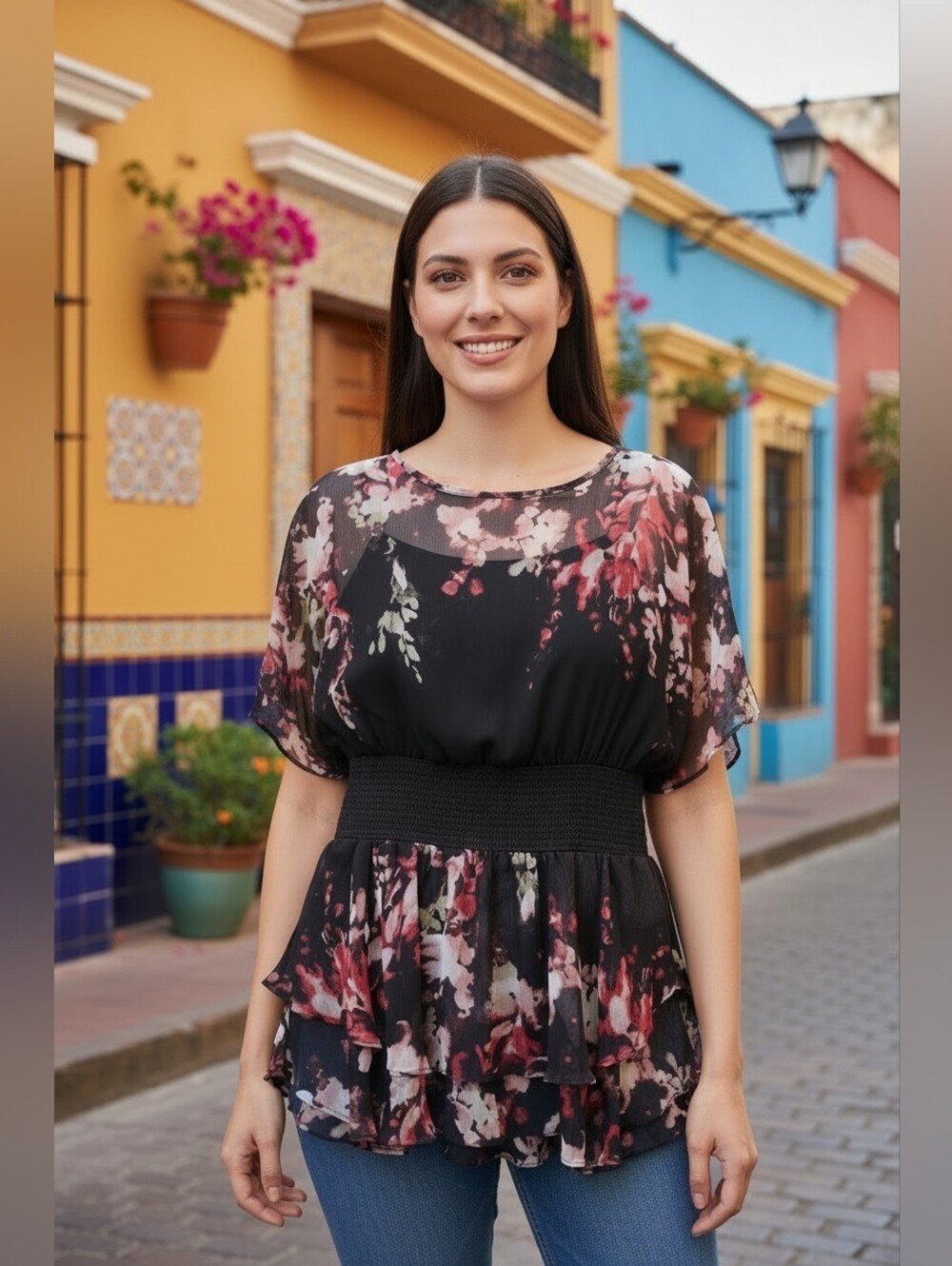 ECI Black Sheer Floral Ruffle Peplum Blouse with Red Accents